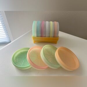 Vintage Tupperware Pastel 10 Wagon Wheel Coasters & Rack